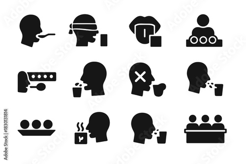 Taste Testing Icons. Taste testing. Solid icon set of Taste testing: spoon sample, blindfold, flavor strip, tasting board, rating scale, mouth rinse, reset