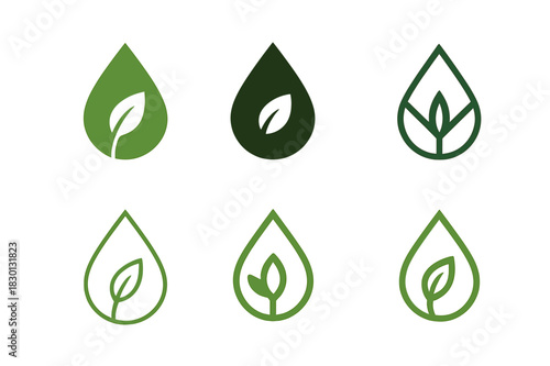 Irrigation System Icons. Water-efficient irrigation systems. Icon set. Set Logo of irrigation: droplet and leaf emblem. harmonious logo variations of the same