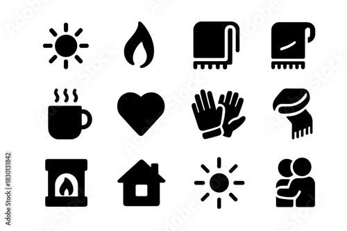 Warmth Icons Collection. Warmth. Solid icon set of Warmth: sun, fire flame, candle, blanket, hot drink mug, heart, gloves, scarf, fireplace, house, light rays,