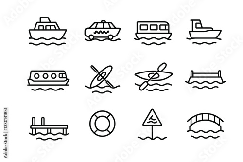 Water Transport Icons. Water transport. Line icon set of water transport: ferry, water taxi, river bus, harbor shuttle, canal boat, rowing boat, kayak,
