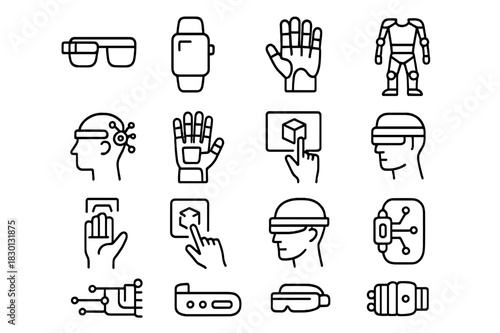 Wearable Cybertech Icons. Wearable Cybertech. Line icon set of Wearable Cybertech: AR glasses, smart wristband, exosuit, neural interface, mechanical glove,