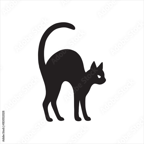 Black Cat Silhouette Illustration Arching Back Ready for Halloween or Spooky Design Element on White Background