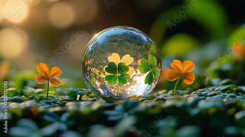 Glass sphere reflecting clovers in a serene garden