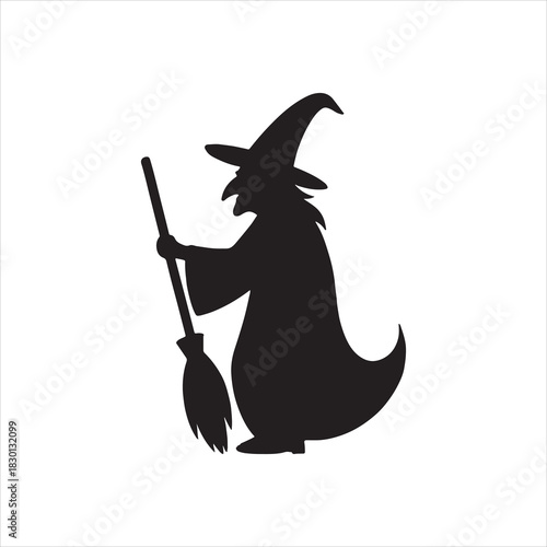 Silhouette of a witch with a broomstick against a white background perfect for Halloween themes and spooky designs