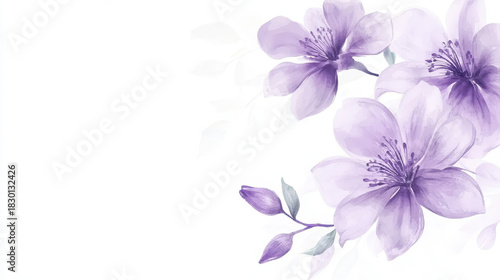 Soft purple flower watercolor painting with delicate petals and buds on white background, evoking calm and gentle beauty
