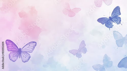 Soft pastel background with delicate purple and blue butterflies flying gently, creating calm and dreamy atmosphere