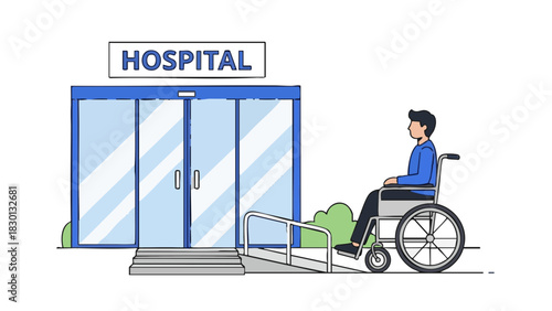 Young man in wheelchair approaching hospital entrance with ramp  