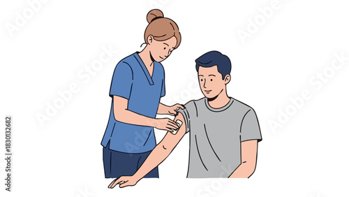 Woman applying medicated patch to man's arm in healthcare setting  