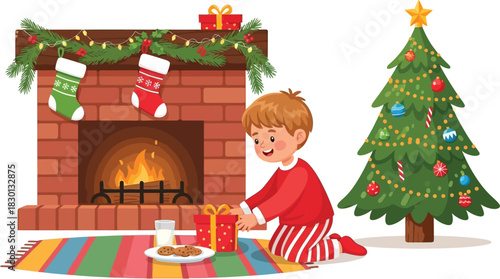 Little boy putting gift under christmas tree isolated on white background