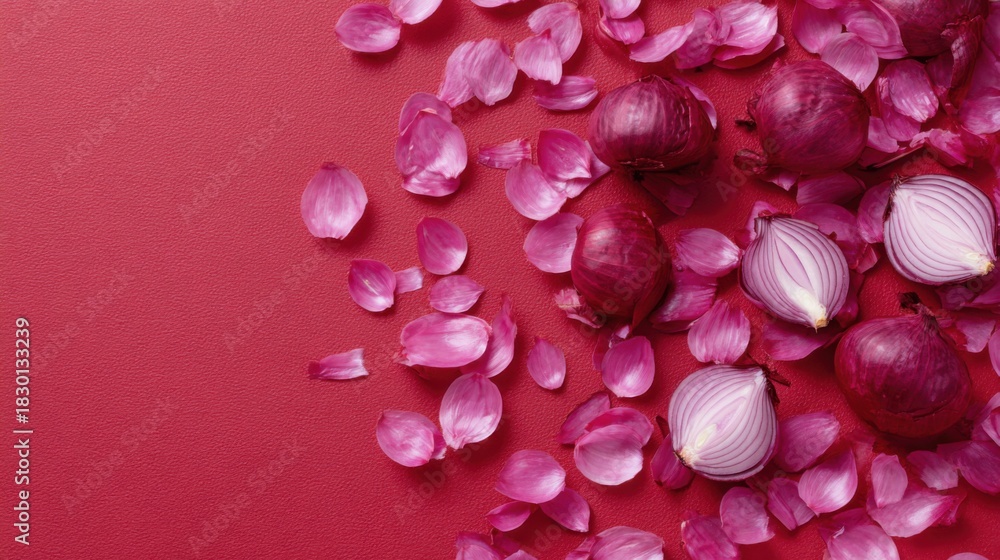 Fototapeta premium fresh red onion pink background copy space