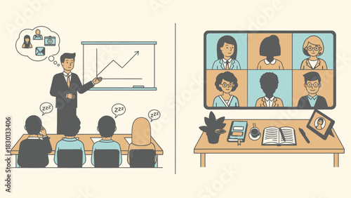 Hybrid Meeting Fatigue During Work Presentation Remote and Office Doodle Illustration