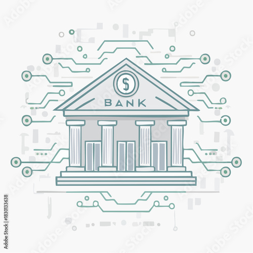 Digital Bank Building with Circuitry Illustration.