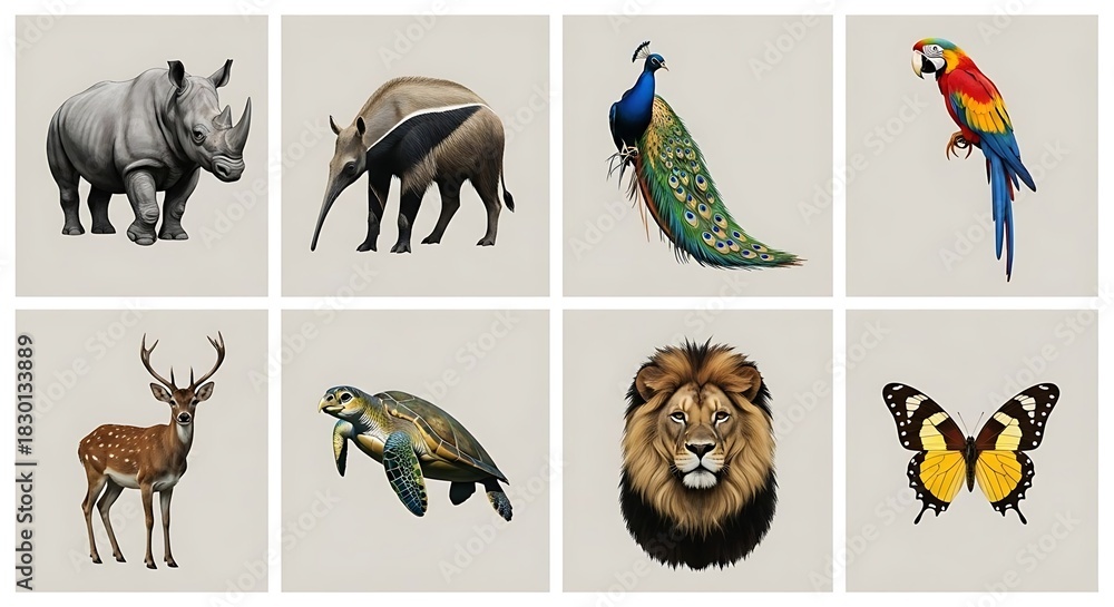 Obraz premium Eight illustrated wildlife animals on neutral square backgrounds showing different creatures