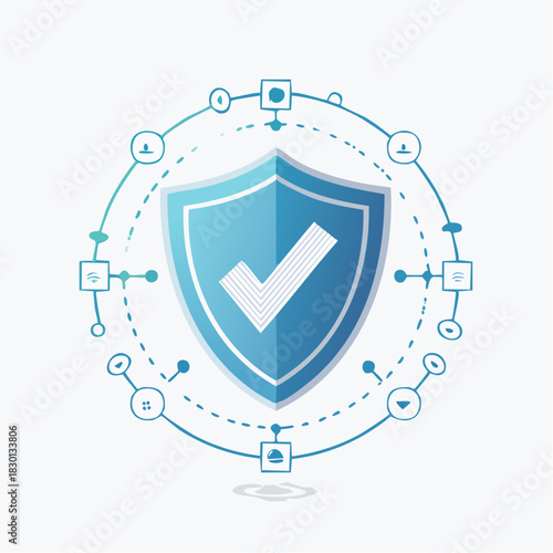 Digital Security Shield with Checkmark and Network Connections.