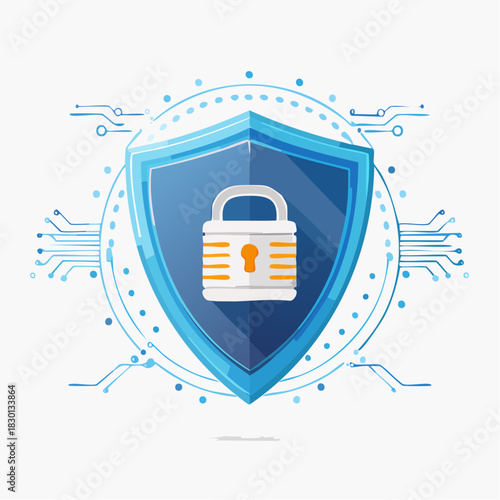 Digital Security Shield with Padlock and Circuitry Illustration.
