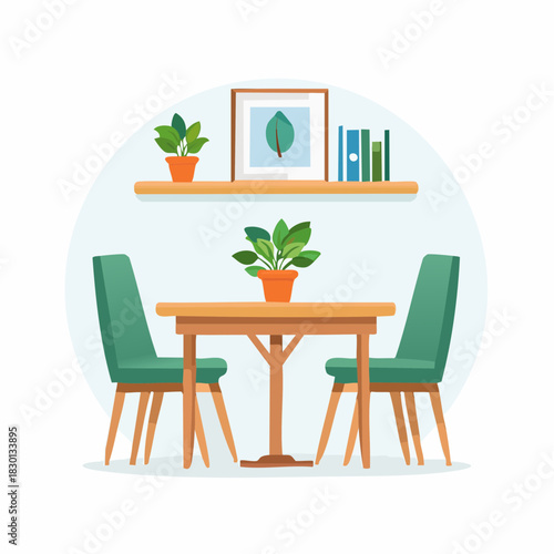 Dining Room Scene with Table Chairs Plant and Shelf Illustration.