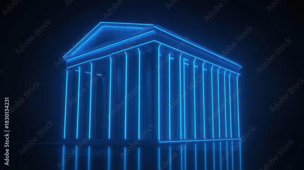 Fototapeta premium an illusory temple of blue neon light presents a captivating blend of classical form and modern luminescence, set against stark backdrop