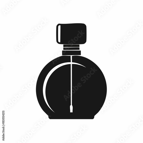 Elegant Black Perfume Bottle with Round Body and Rectangular Cap.