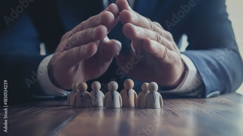 safeguarding team: conceptual metaphor for human resources protection and leadership providing security to a team with careful guidance