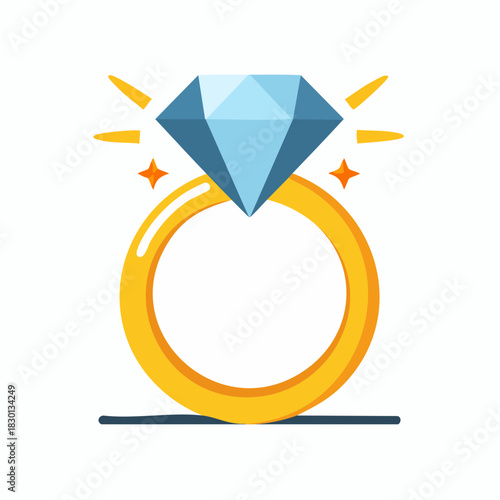 Elegant Diamond Ring with Golden Band and Sparkles Illustration.
