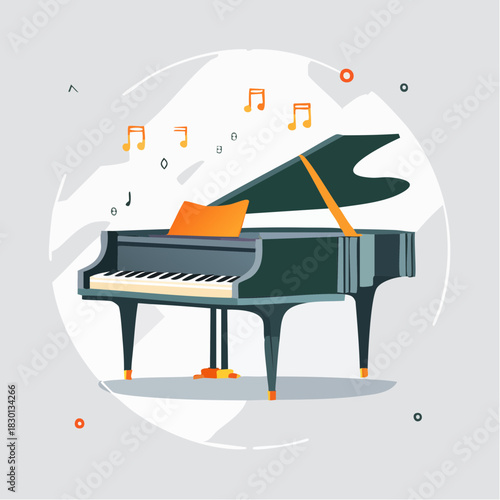 Elegant Grand Piano with Musical Notes Illustration.