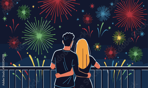 Romantic couple embraces, admiring vibrant fireworks display under a starry night sky, celebrating a special festive occasion