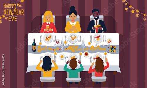 Joyful New Year's Eve Celebration Diverse Group of Friends and Family Enjoying a Festive Dinner Gathering