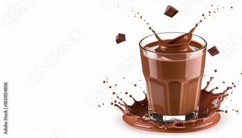 Dynamic chocolate milk splash in a glass with falling chocolate chunks on a clean white background.