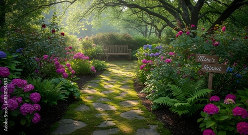 A tranquil garden path leading to a bench with flowers and a sign reading mom's retreat nearby