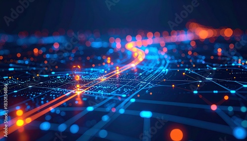 Abstract digital network background with glowing blue and orange lines representing data flow and high-speed connection