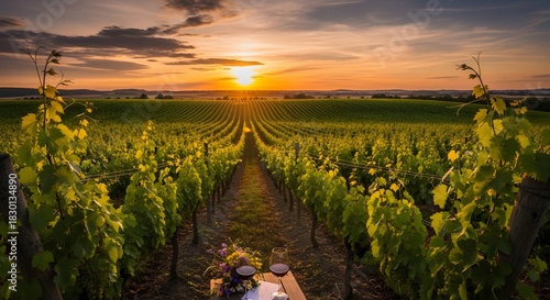 Vineyard rows leading to sunset with wine glasses and flowers in the foreground at golden hour light