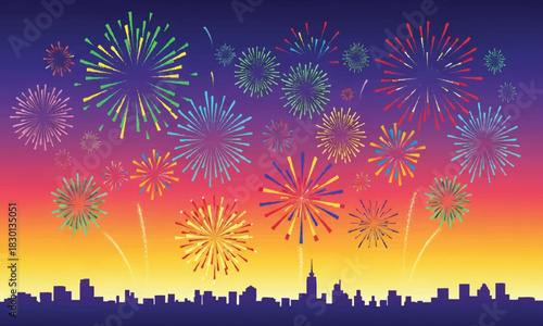 Vibrant fireworks illuminate a bustling city skyline, celebrating a joyous occasion with a spectacular burst of color across the night sky