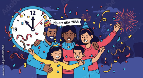 Heartwarming New Year's Eve Family Celebration with Clock Striking Midnight and Fireworks