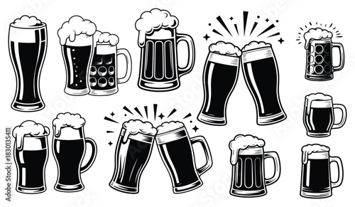 Beer glass vector set, Frothy Beer Glasses & Mugs Set, Beer mug shape line art collection, Beer mug cheers, Beer glasses and celebration, all topped with foam heads, Vector illustration