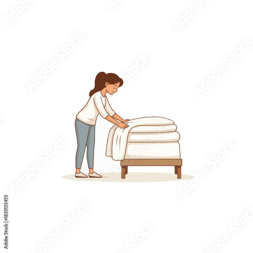 A woman prepares bed linen arranging a neat stack of folded fresh white sheets and pillowcases home