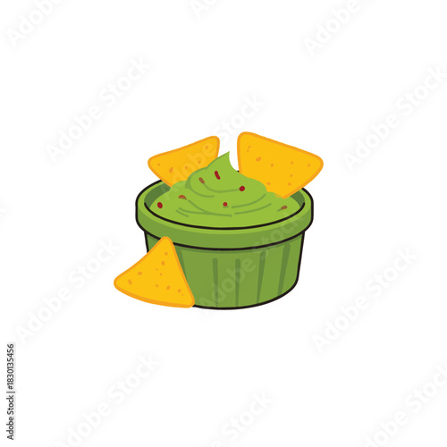 A bowl full of appetizing guacamole dip, with golden tortilla chips, ready for snacking enjoyment