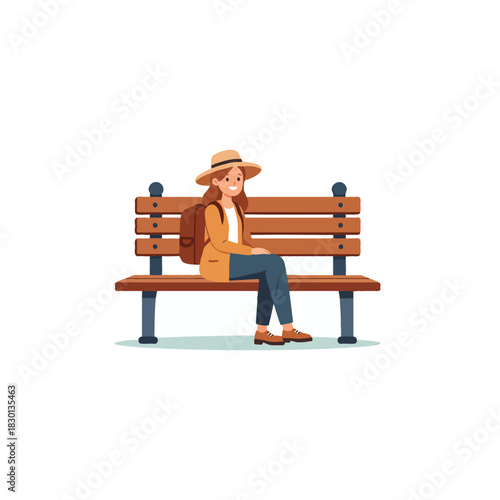 A young woman relaxing on a park bench adorned with a hat and backpack enjoying nature's
