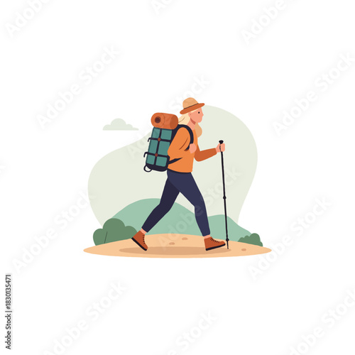 Adventurous solo woman explorer trekking through scenic landscape with backpack and walking stick