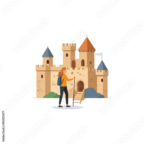 Adventurous journey into history a young woman exploring a majestic old castle on a summer day