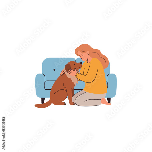 A serene moment: Woman embracing her beloved canine companion by light blue sofa in a cozy setting