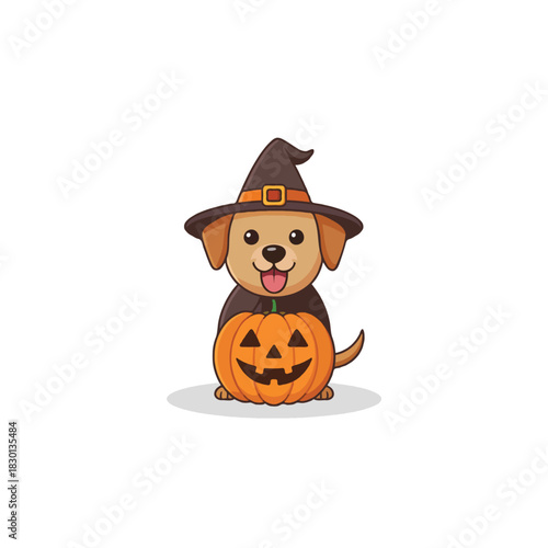 Adorable puppy dressed up as a wizard celebrates Halloween with a carved pumpkin lantern bringing
