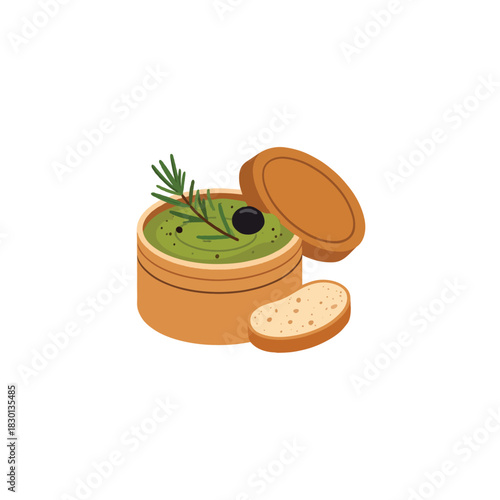 Artisanal delight featuring homemade pesto, an olive garnish, and freshly baked bread presented