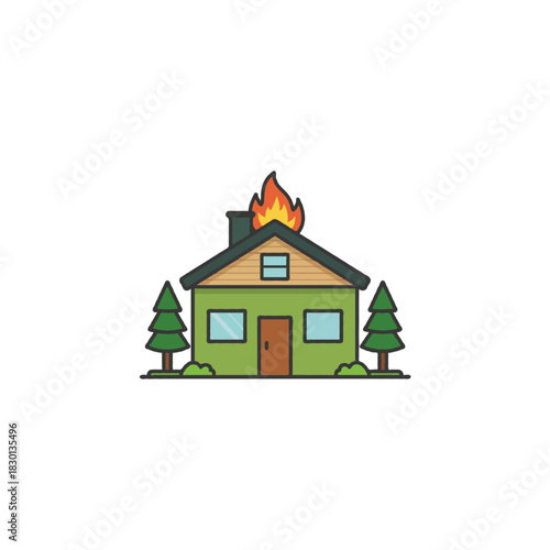 Cartoon illustration representing a home engulfed in flames with conifers standing sentinel