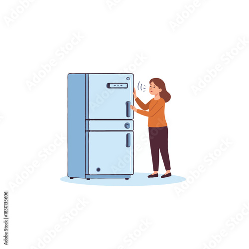 Frustrated woman trying to fix malfunctioning refrigerator with screwdriver in home setting