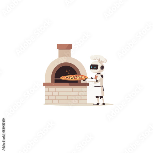 Futuristic pizza preparation: A robot chef skillfully baking a pizza in a stone oven for culinary