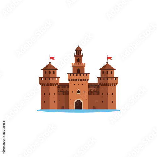 Historical fortified complex illustration, monumental brick edifice with flags and water