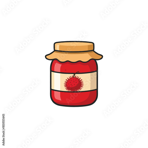 Illustrated glass container showcasing red rambutan fruit preserve invitingly adorned with a