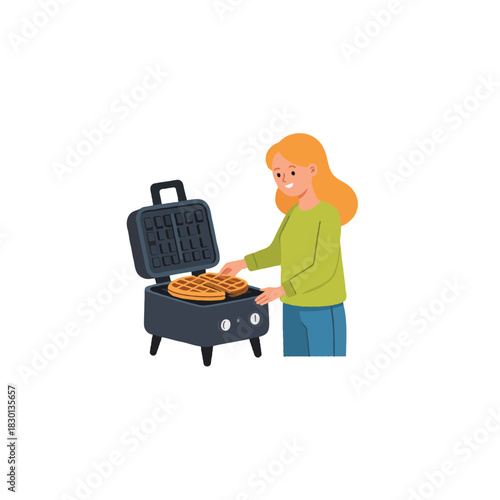 Illustration depicts a woman preparing delicious waffles using a waffle iron at home kitchen cooking