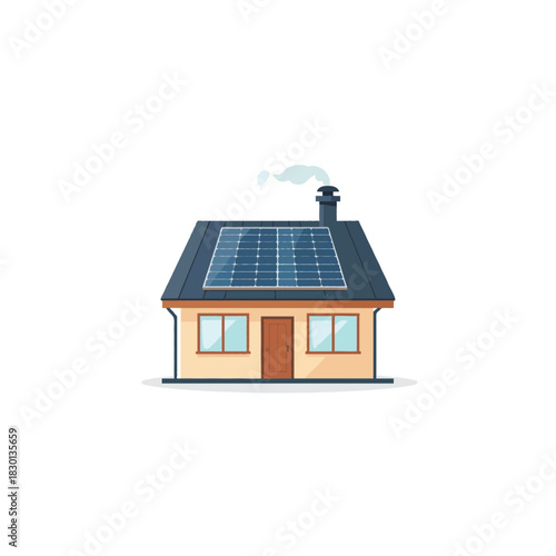 Illustration of a modern house powered by solar panels, emphasizing sustainable energy and