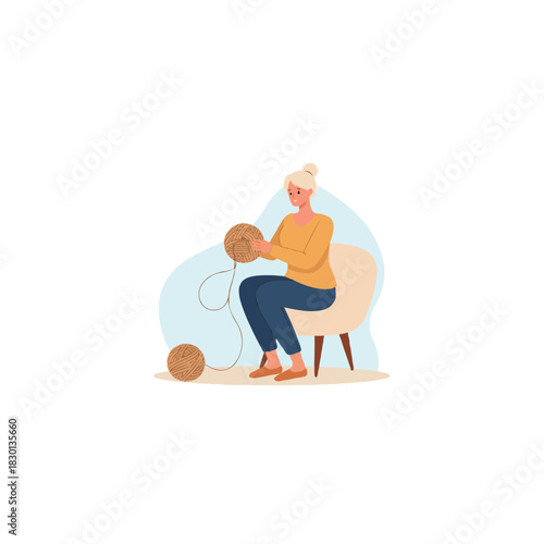 Illustration of a serene woman enjoying her craft knitting activity indoor on a comfortable chair